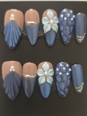 Hand Crafted Blue and Nude 3D Floral Pearl Press-On Nails